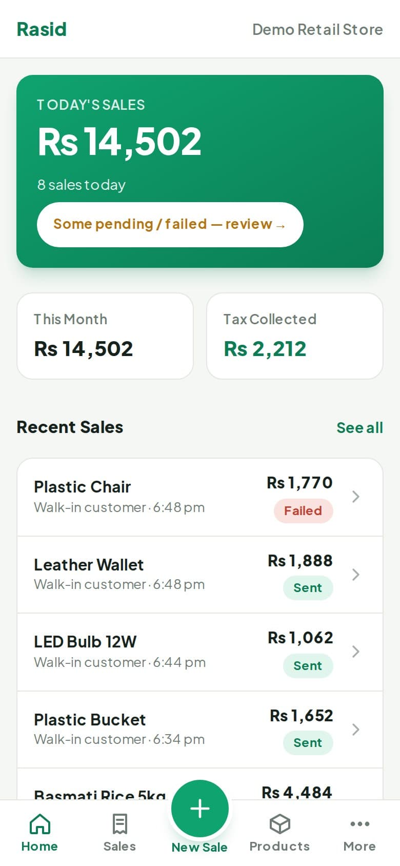 Rasid dashboard with today's sales, this month's total and tax collected
