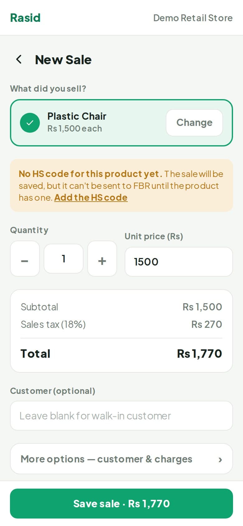 Rasid warning that a product has no HS code yet, with a link to fix it