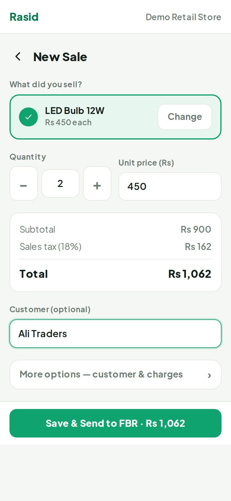 The Rasid New Sale screen showing an LED bulb, quantity, price, sales tax and total